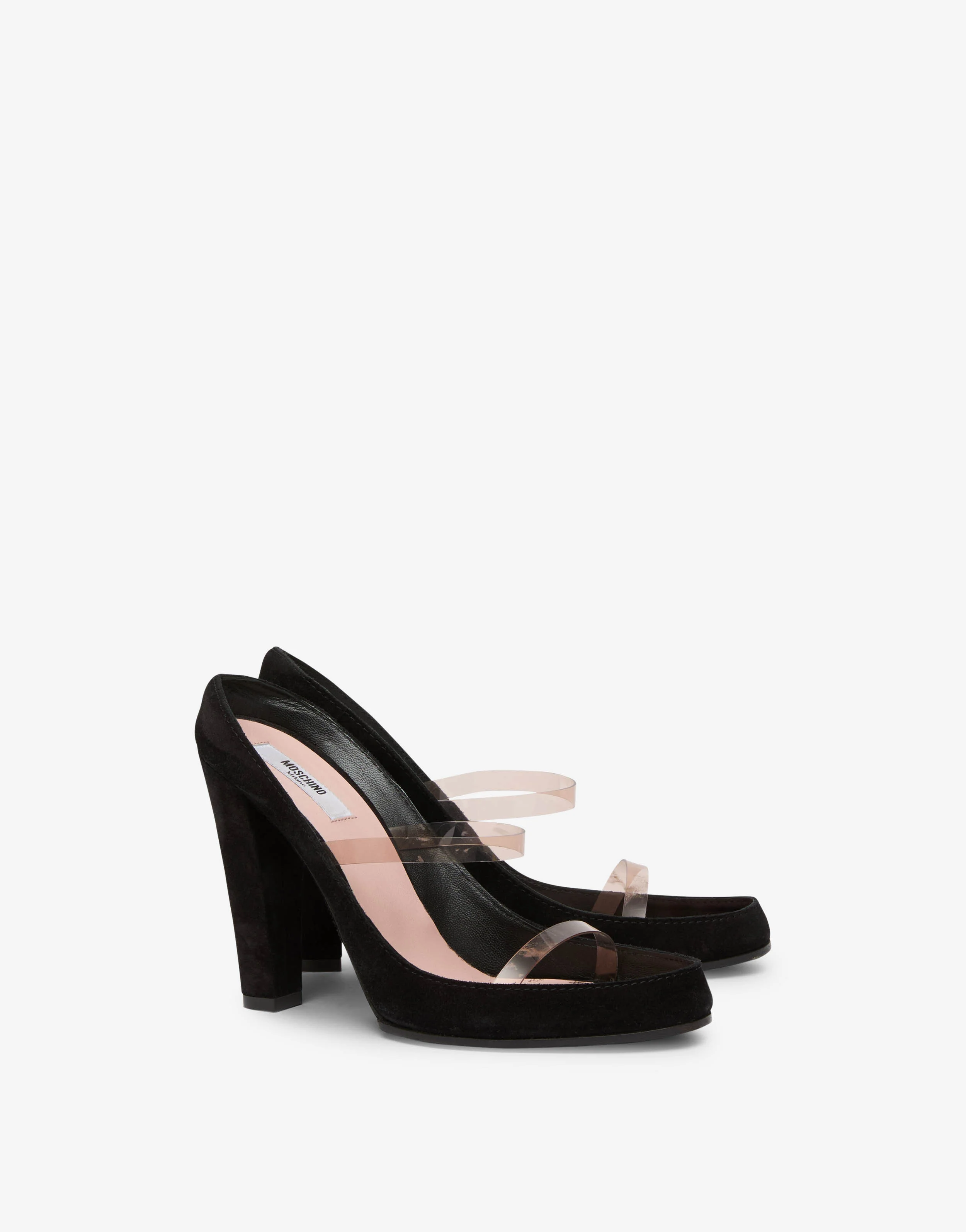 High-heeled suede and PVC sandals